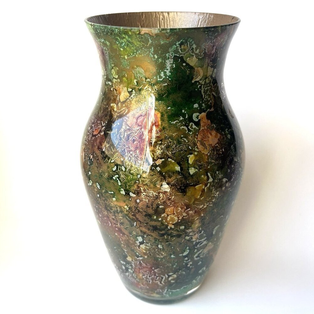 Laque Line Lacquered Art Glass Flower Vase Made France 9" Vintage 70s 80s Earthy